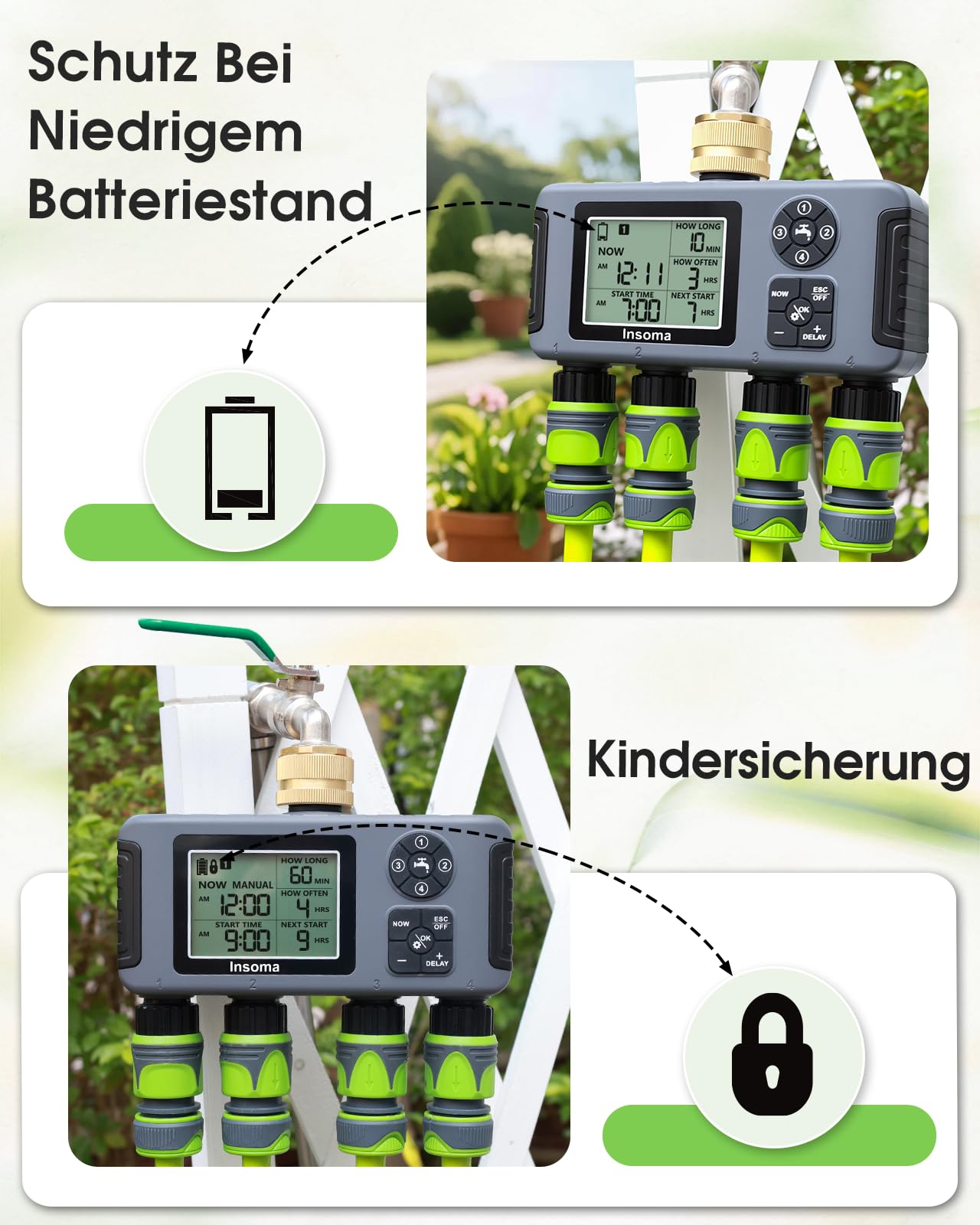 Insoma 4-Zone Water Timer showing waterproof features