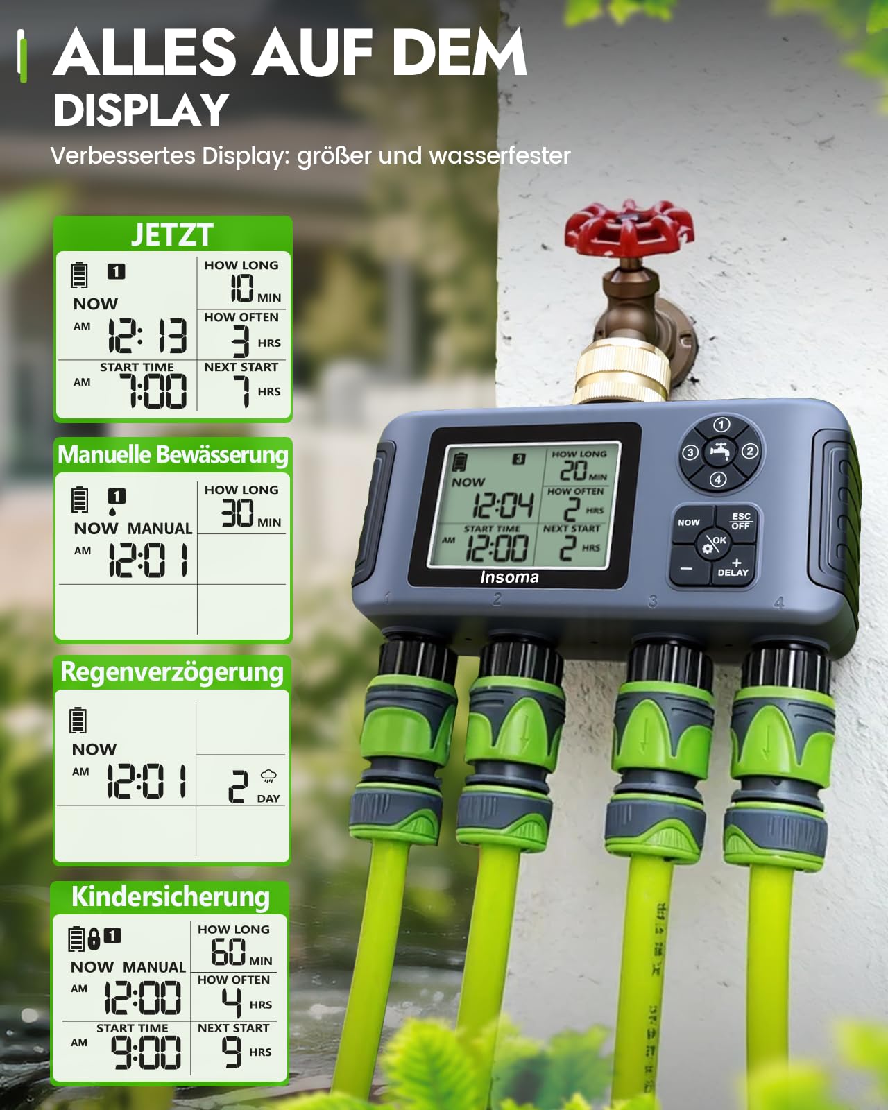 Insoma 4-Zone Water Timer with packaging next to garden tools