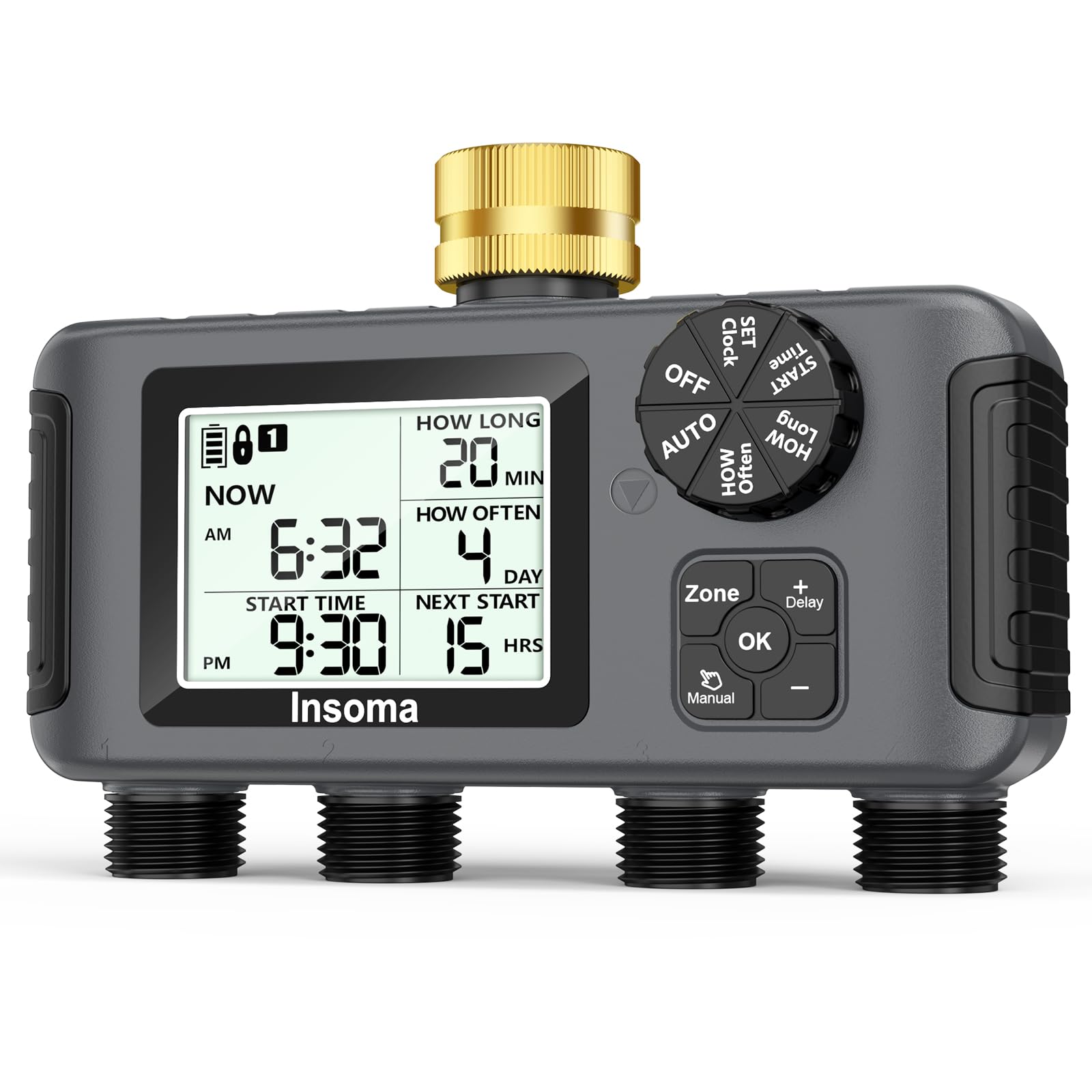 Insoma 4 Zones Sprinkler Timer front view with LCD display