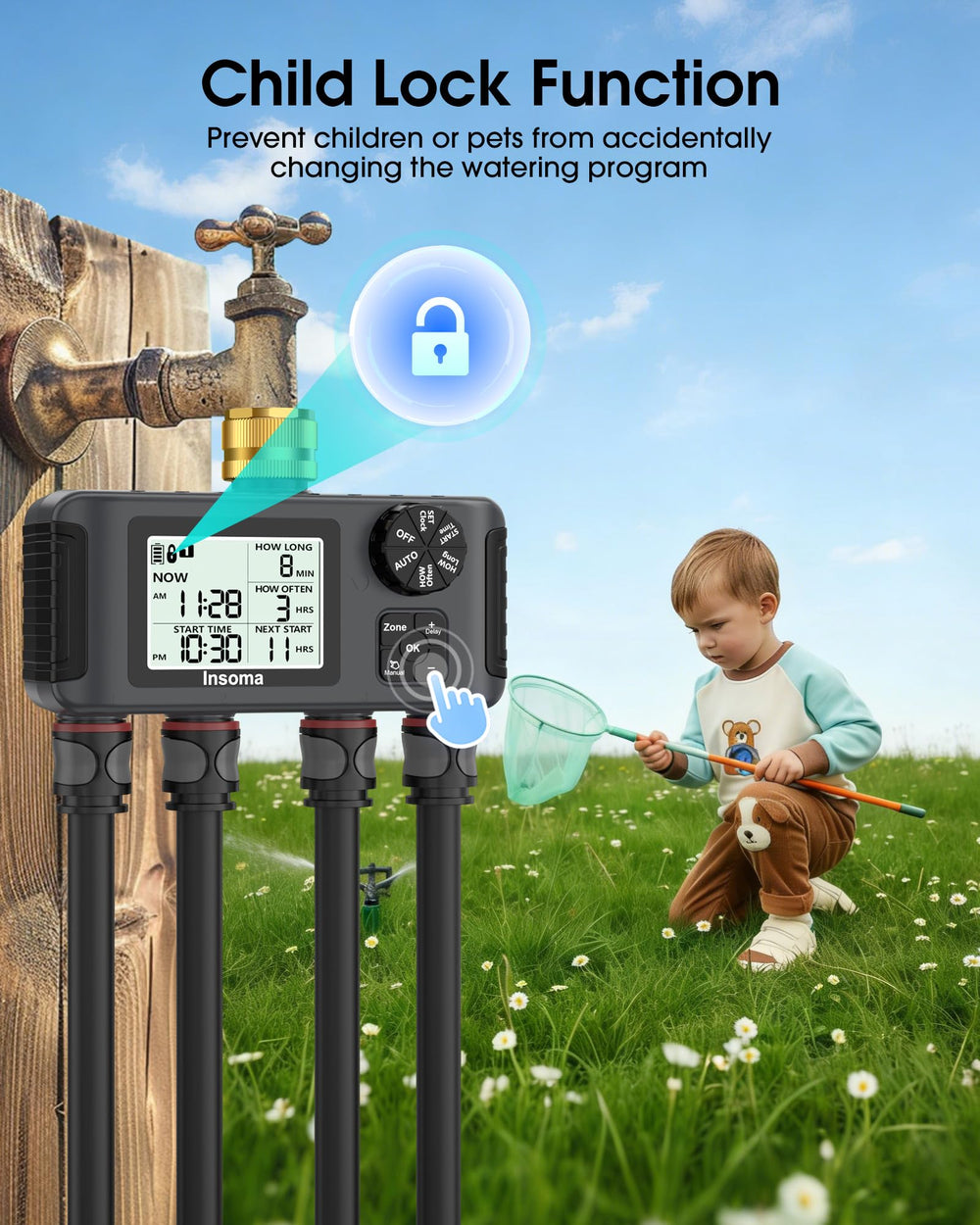 Insoma 4 Zones Sprinkler Timer on a garden table