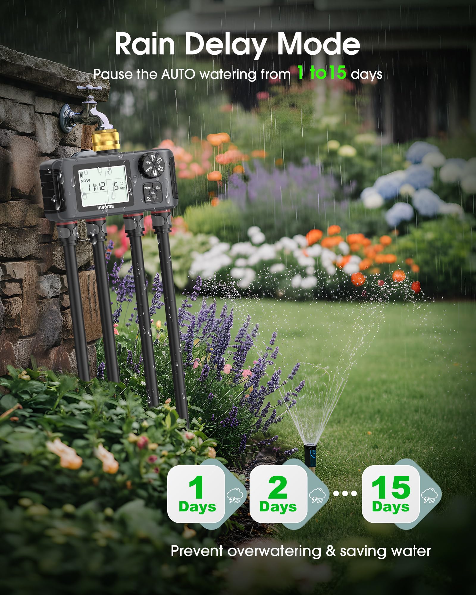Insoma 4 Zones Sprinkler Timer showing four outlet zones