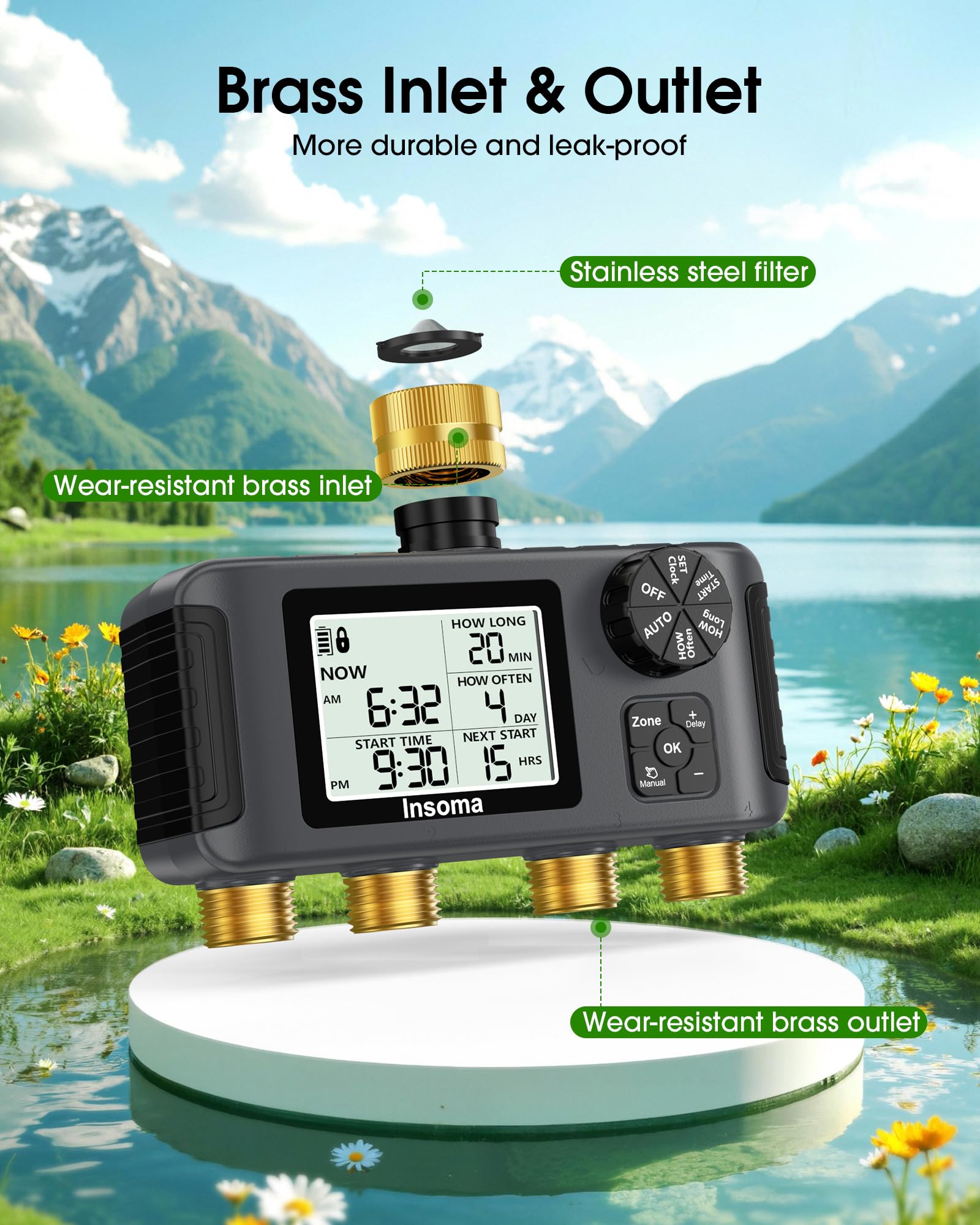 Insoma 4 Zones Sprinkler Timer side view showing brass inlet and outlet
