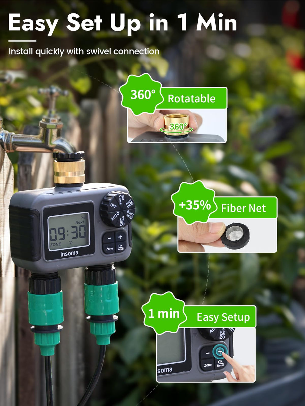 Insoma hose timer in a garden setting with plants