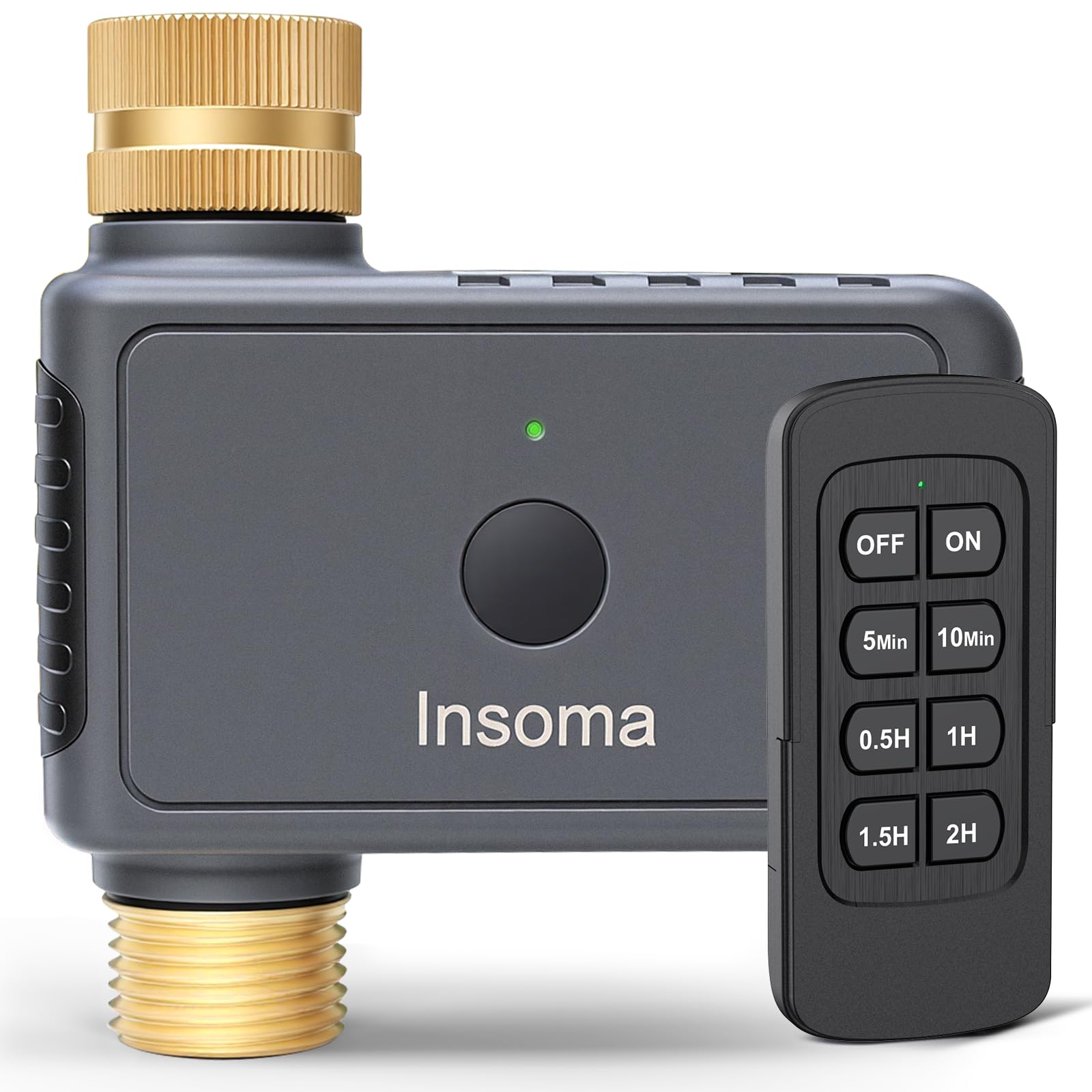 Insoma Remote Control Sprinkler Timer front view showing brass connectors