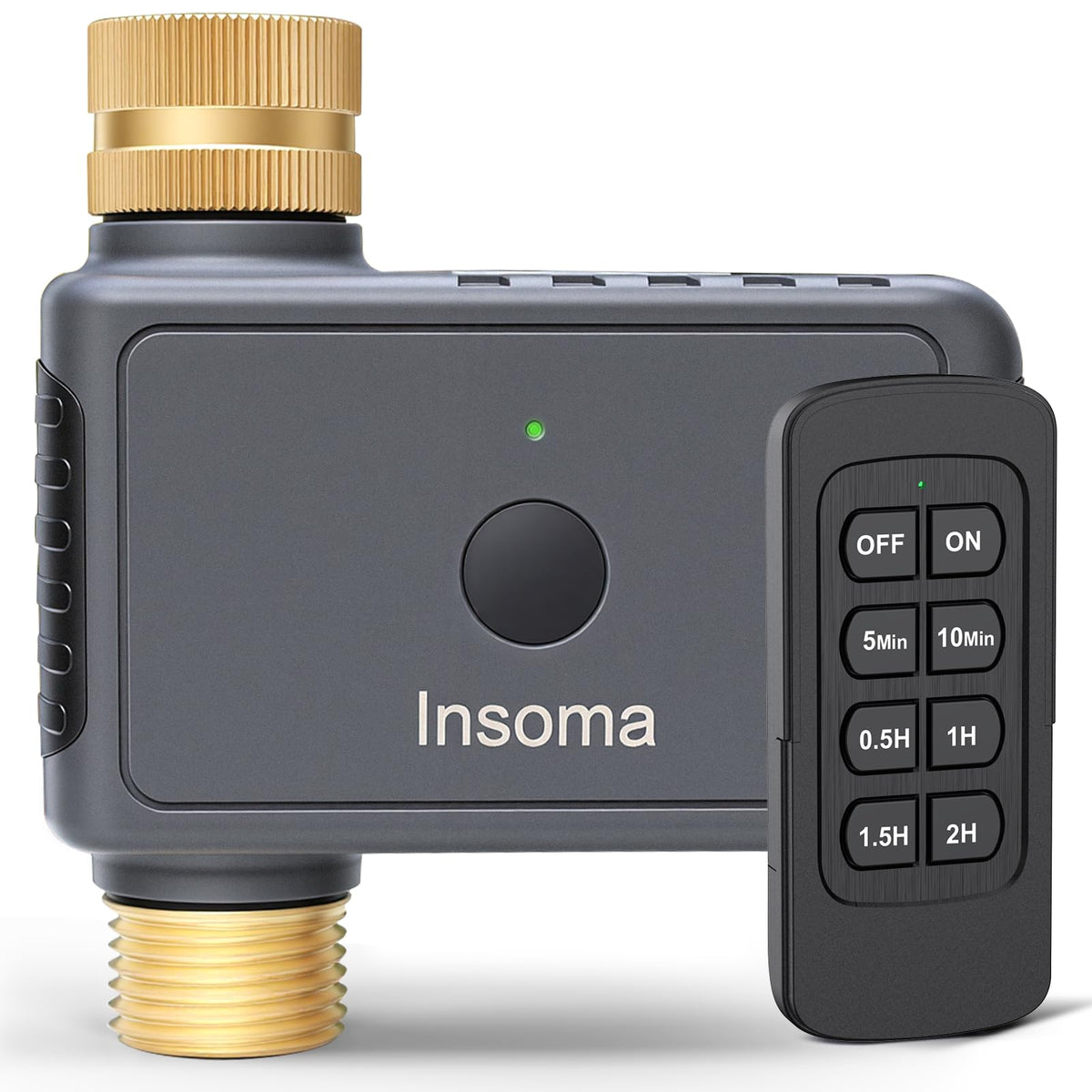 Insoma Remote Control Sprinkler Timer front view showing brass connectors