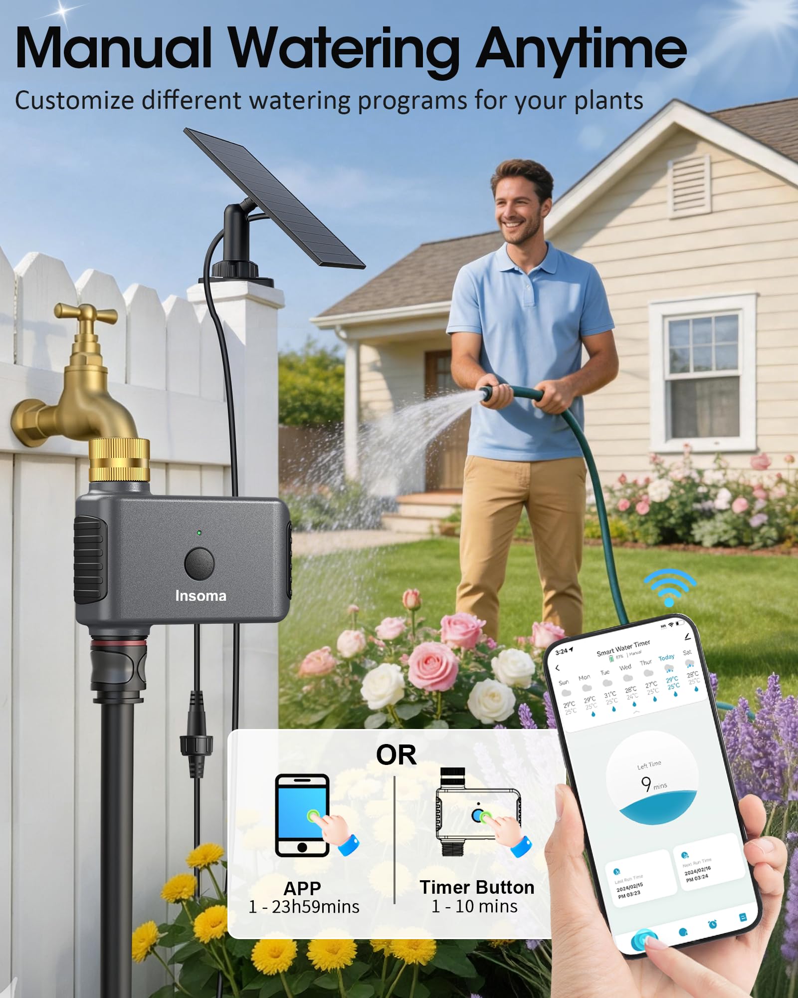 Insoma Solar WiFi Water Timer connected to faucet