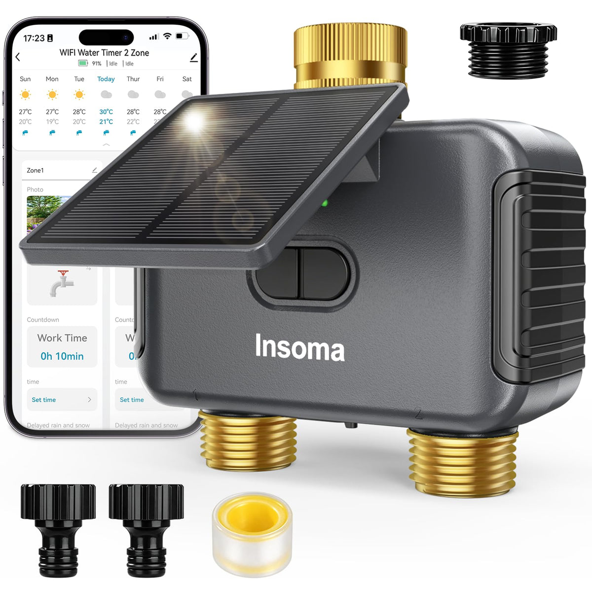 Insoma Solar WiFi Water Timer front view with adjustable solar panel