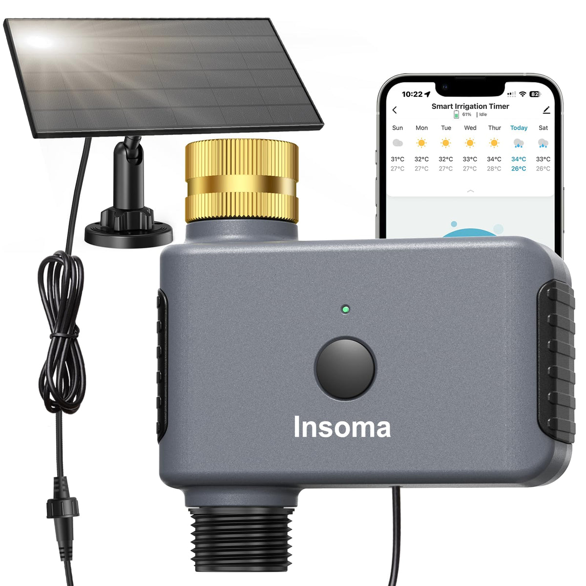 Insoma Solar WiFi Water Timer front view with solar panel