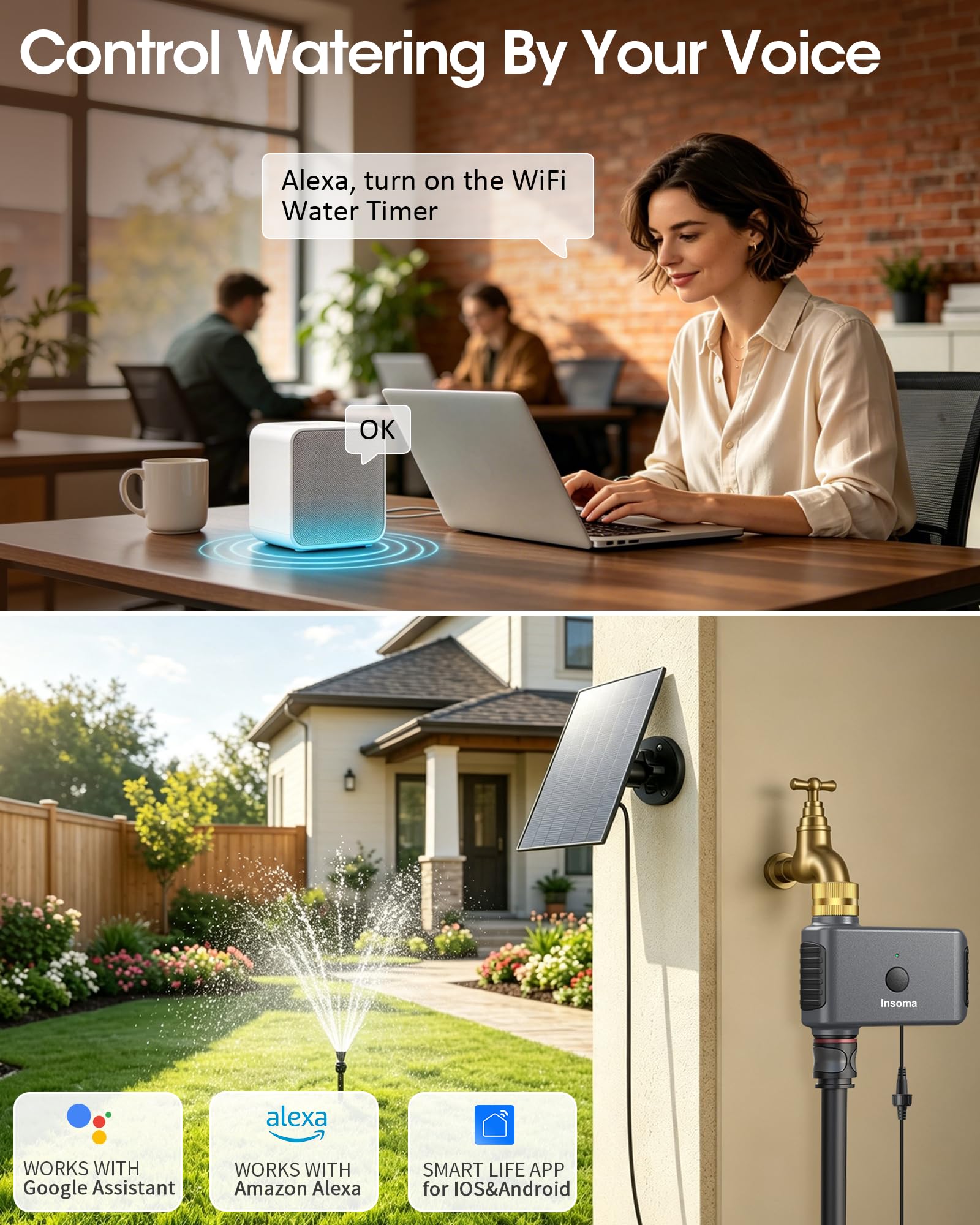 Insoma Solar WiFi Water Timer placed in garden