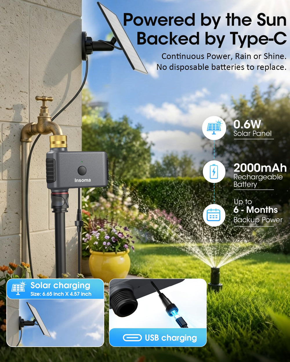 Insoma Solar WiFi Water Timer with Type-C charging port