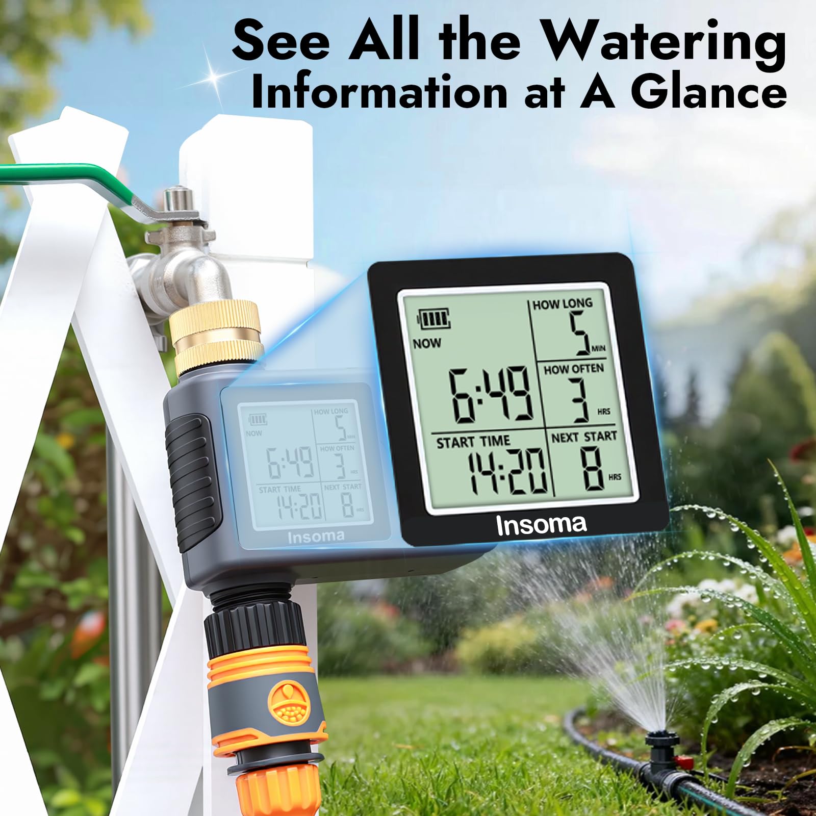 Insoma Sprinkler Timer back view showing battery compartment