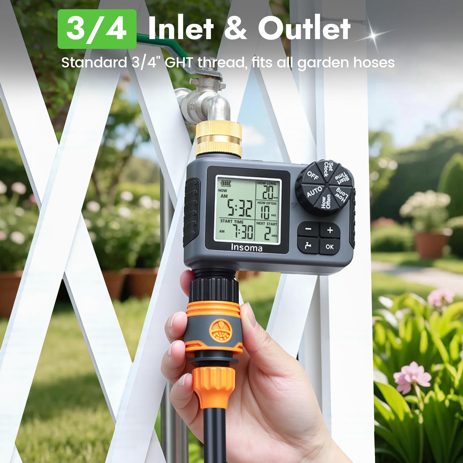 Insoma Sprinkler Timer close-up of LCD display with settings