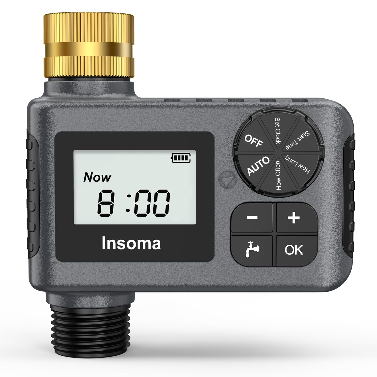 Insoma Sprinkler Timer front view with brass swivel connector