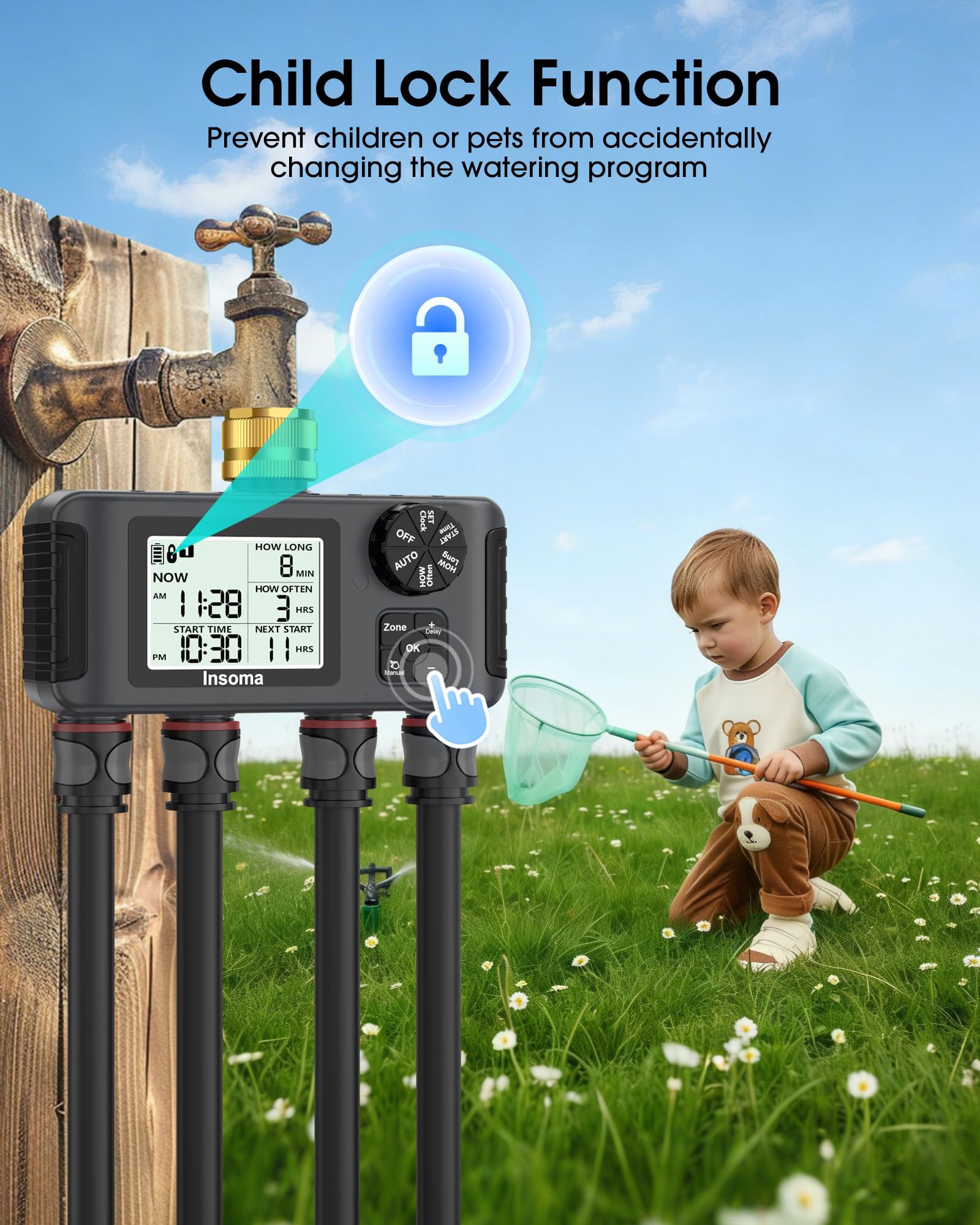 Insoma sprinkler timer in a garden setting