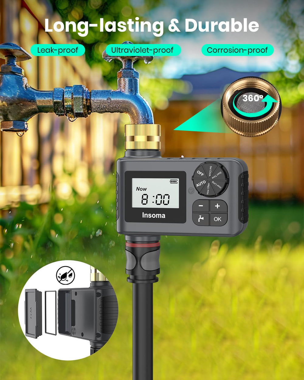 Insoma Sprinkler Timer in a garden setting demonstrating use