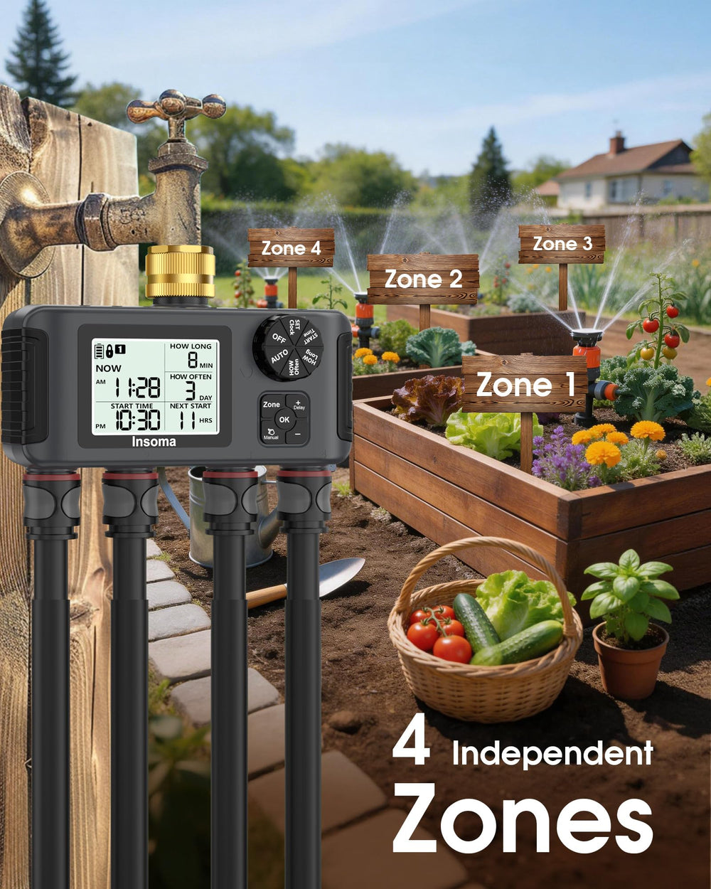 Insoma Sprinkler Timer in a rainy setting demonstrating waterproof feature