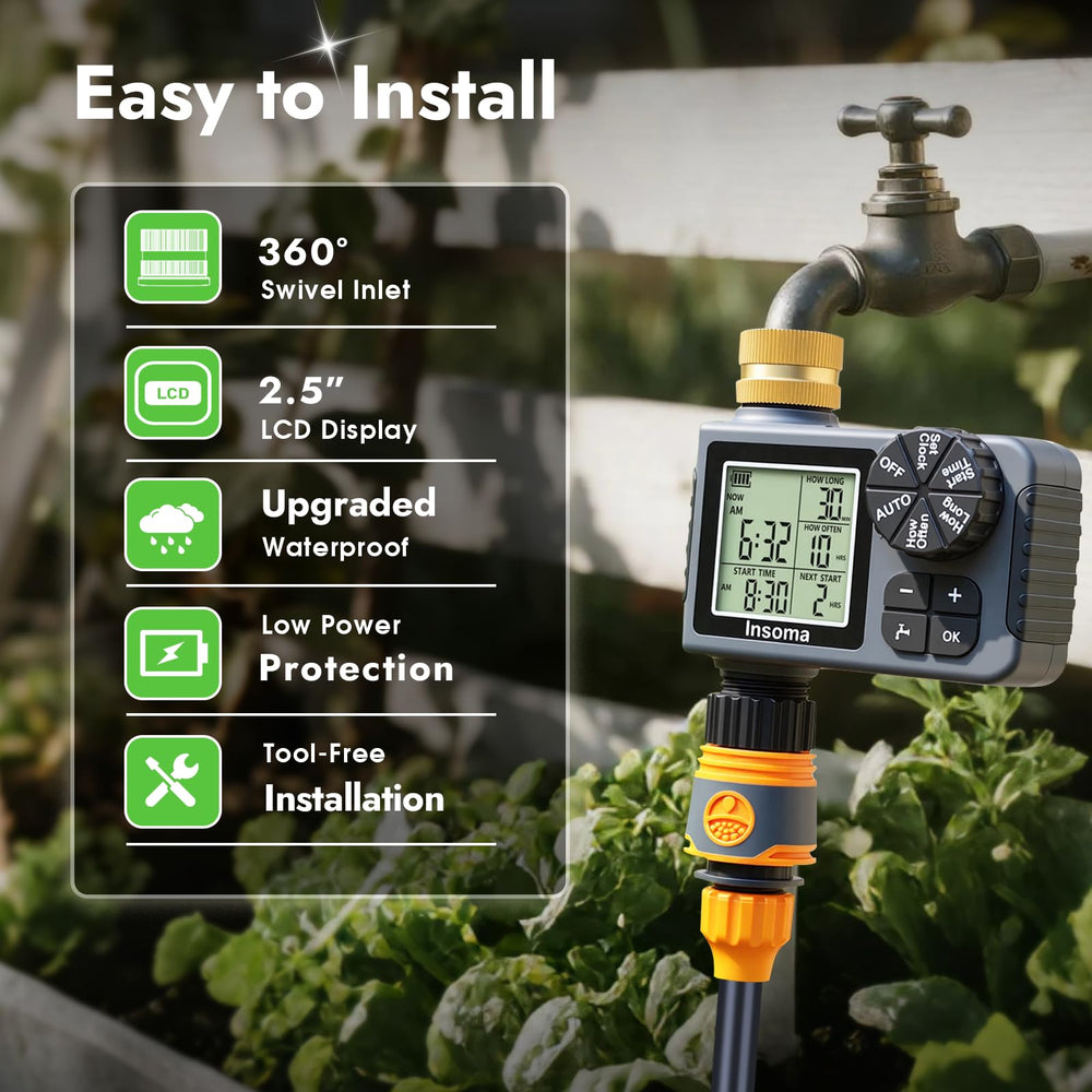 Insoma Sprinkler Timer packaging with features listed
