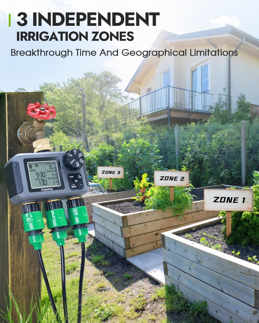 Insoma Sprinkler Timer showing three independent outlets