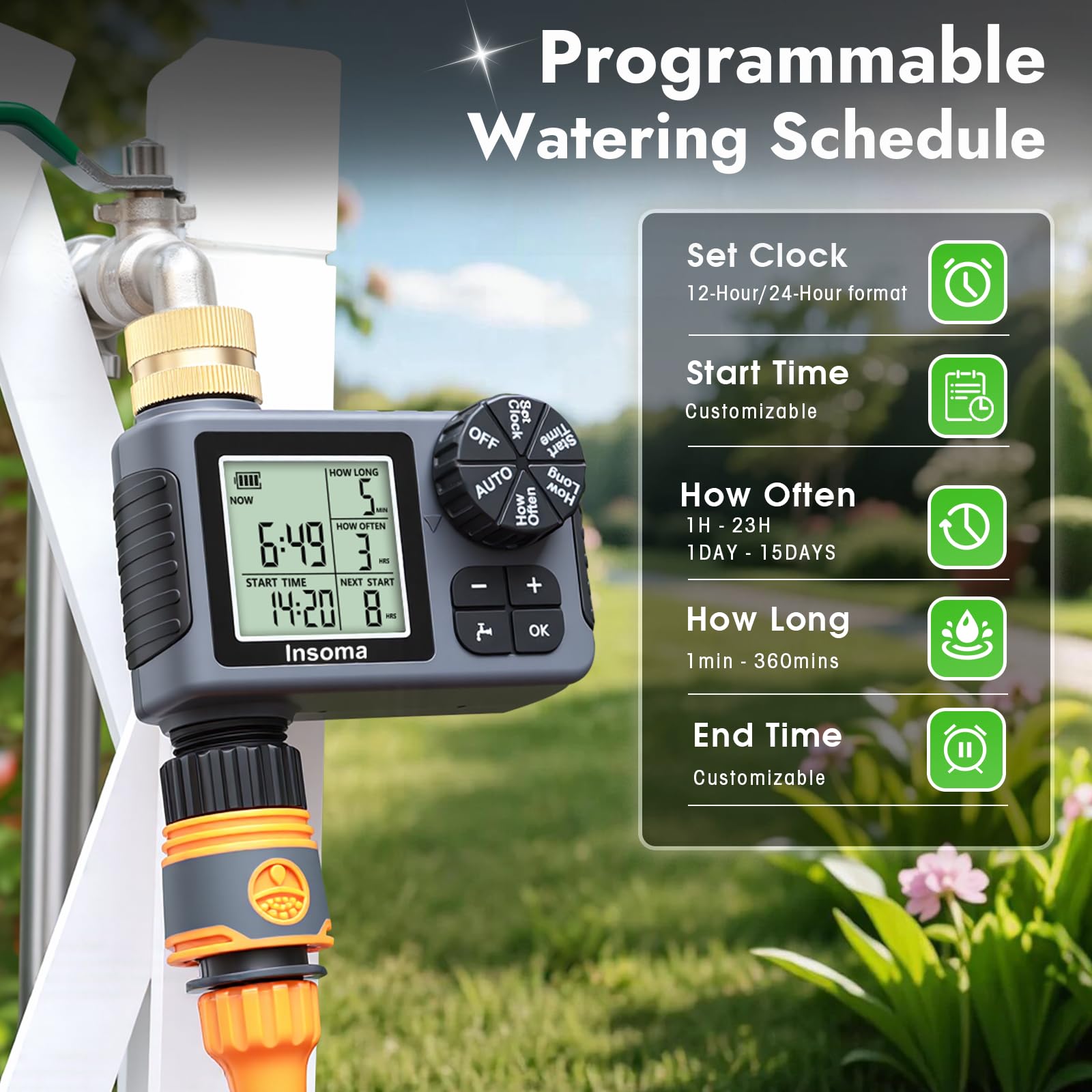 Insoma Sprinkler Timer side view showing brass inlet
