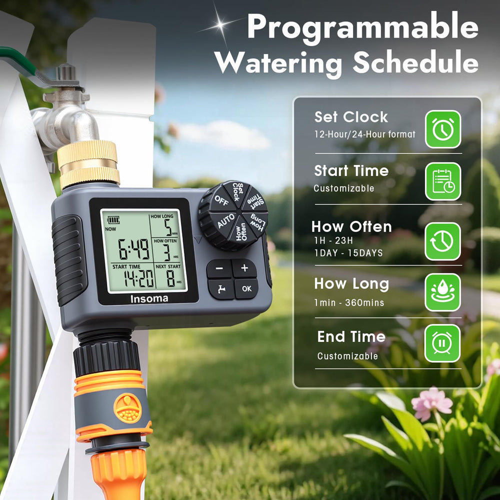Insoma Sprinkler Timer side view showing brass inlet