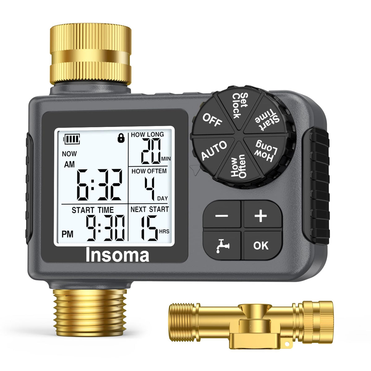 Insoma Water Timer for Garden Hose front view with large LCD display