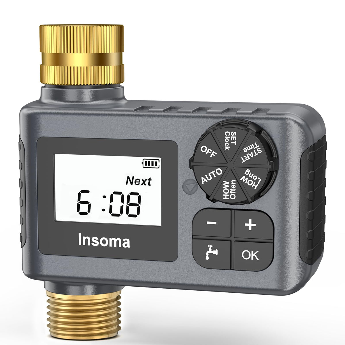 Insoma Water Timer front view with brass inlet and outlet