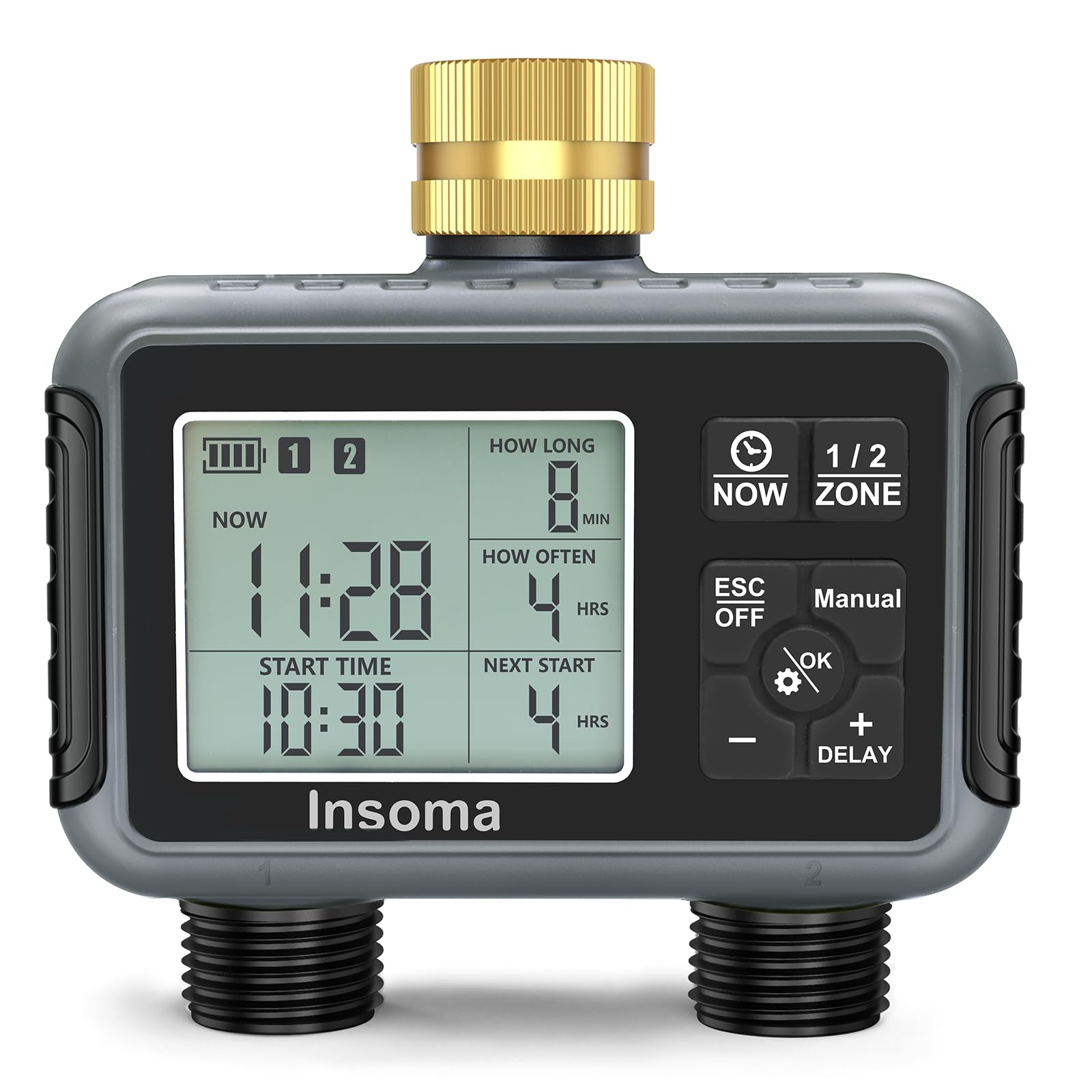 Insoma Water Timer front view with two outlets and LCD display
