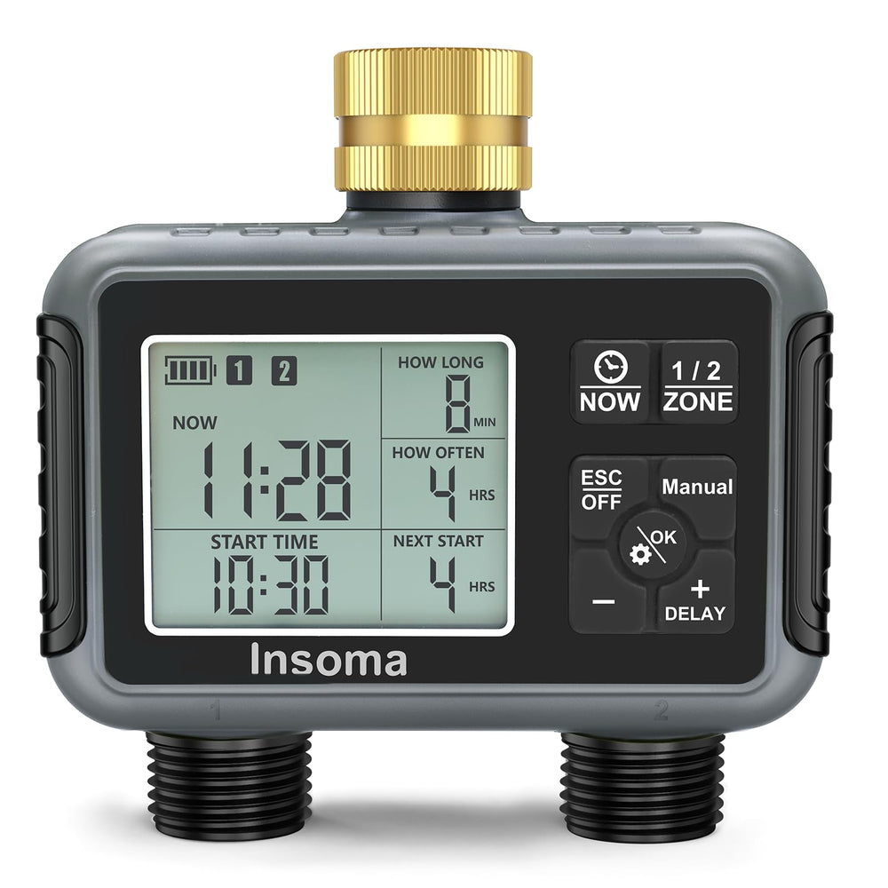 Insoma Water Timer front view with two outlets and LCD display