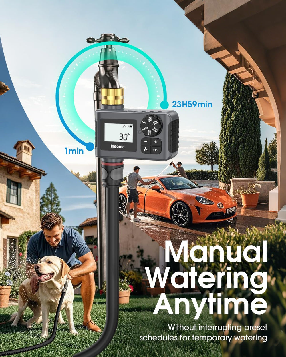 Insoma Water Timer in a garden setting with hoses