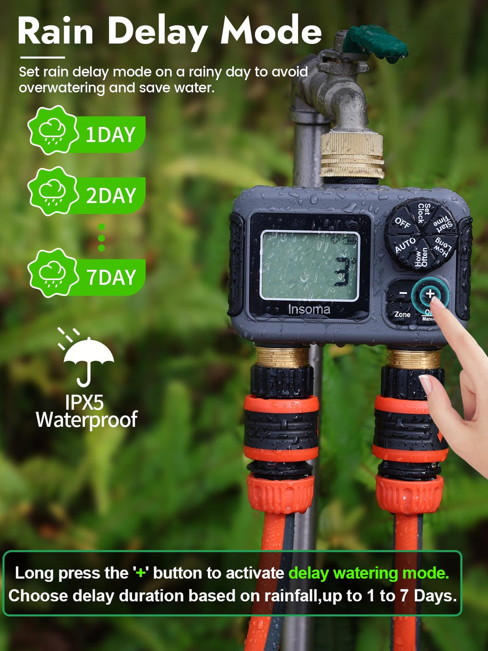 Insoma water timer in garden setting with plants