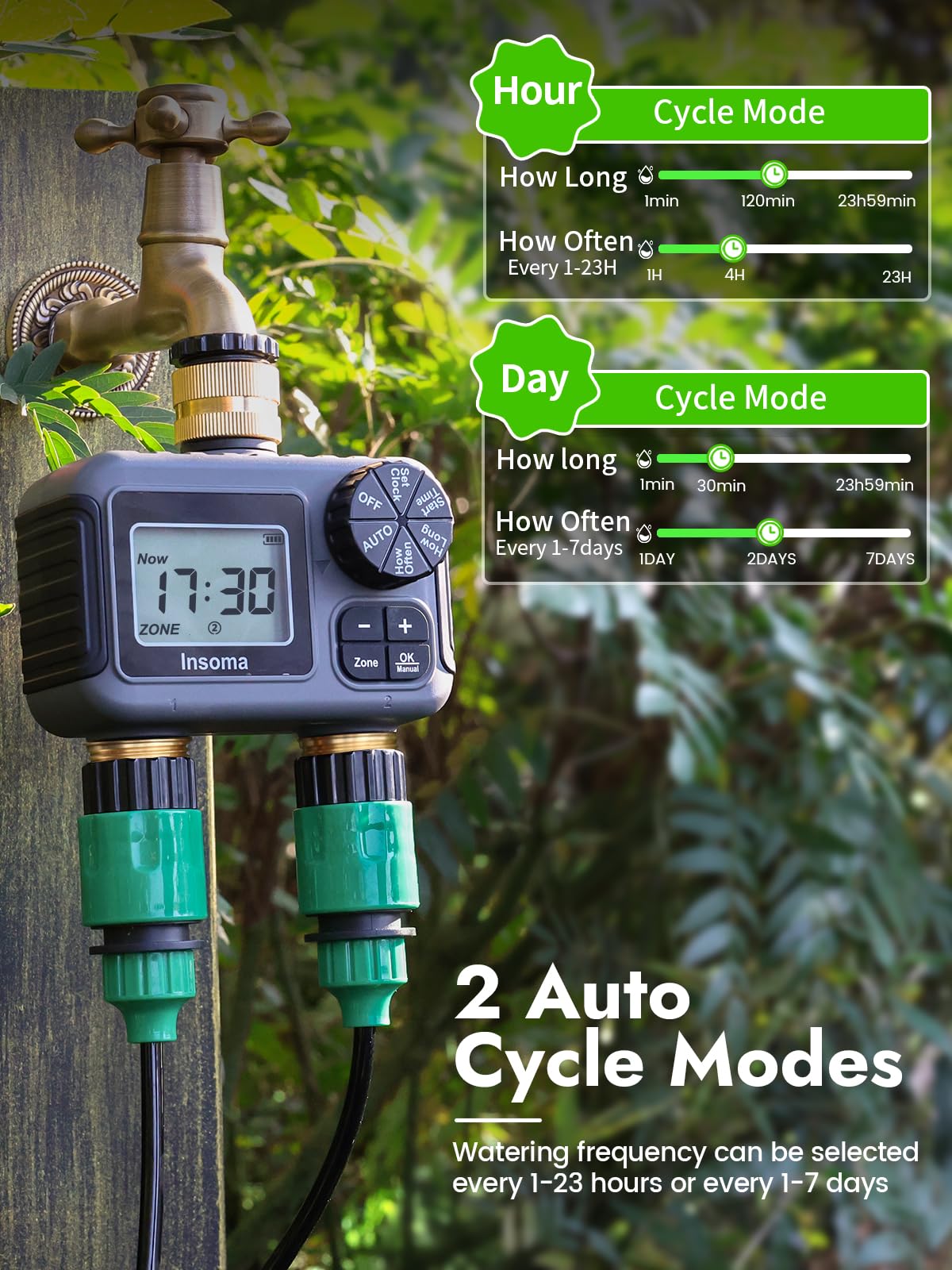Insoma water timer installed on a garden hose