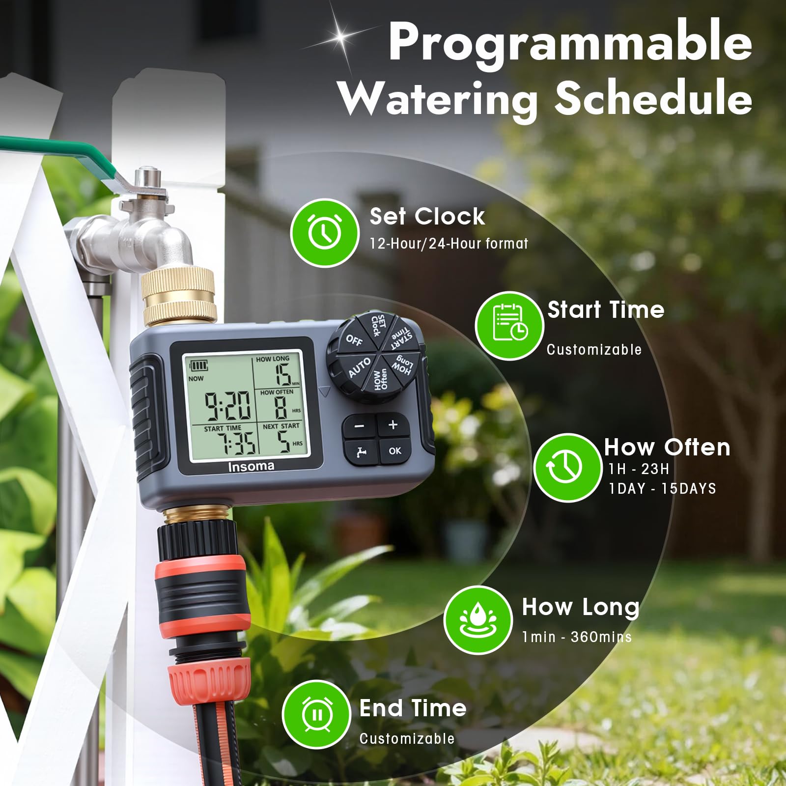 Insoma Water Timer manual mode settings display