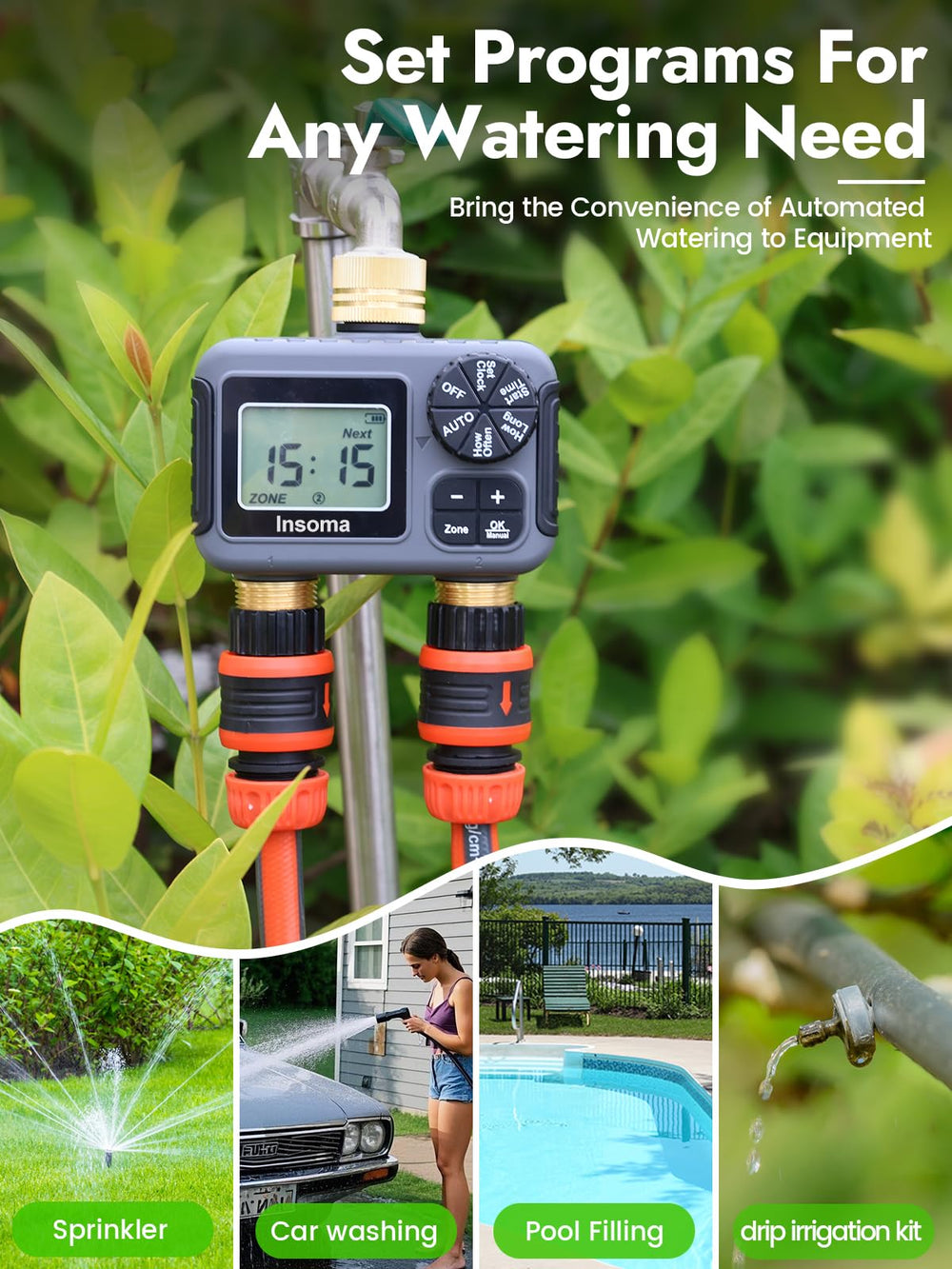 Insoma water timer packaging with specifications highlighted