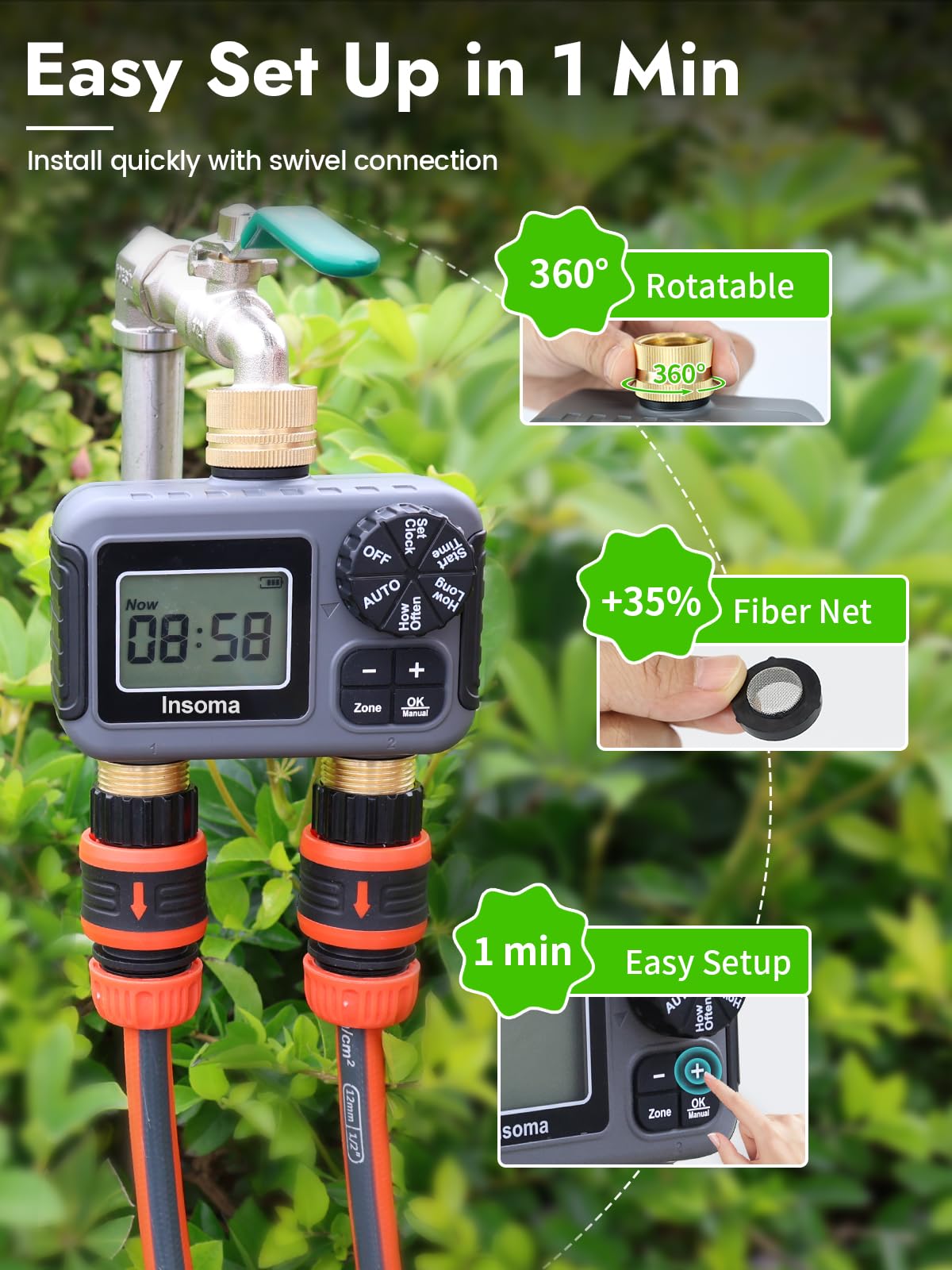 Insoma water timer showcasing manual watering mode