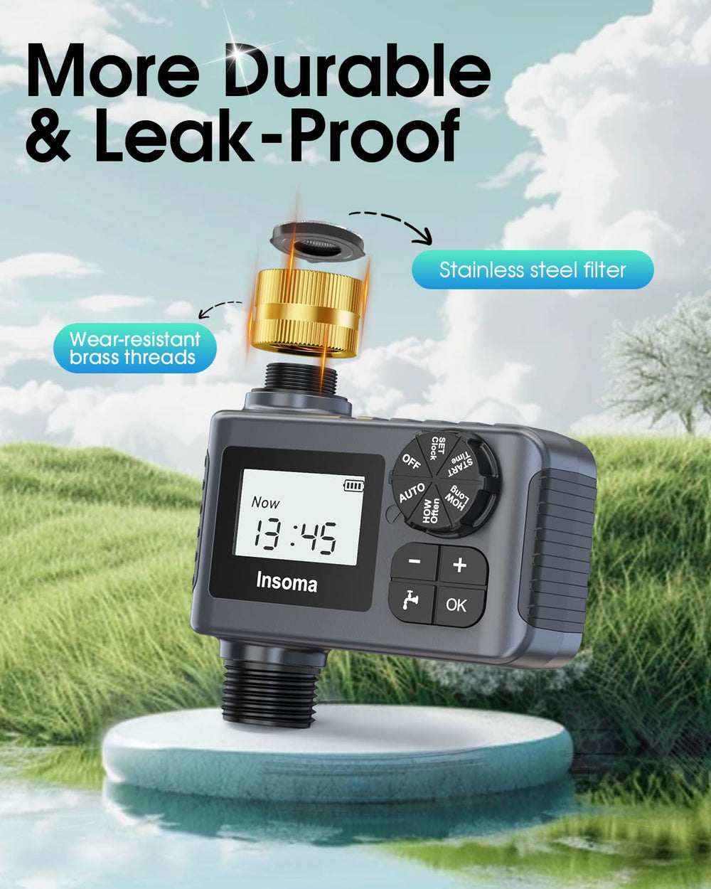 Insoma Water Timer showing large LCD display and controls