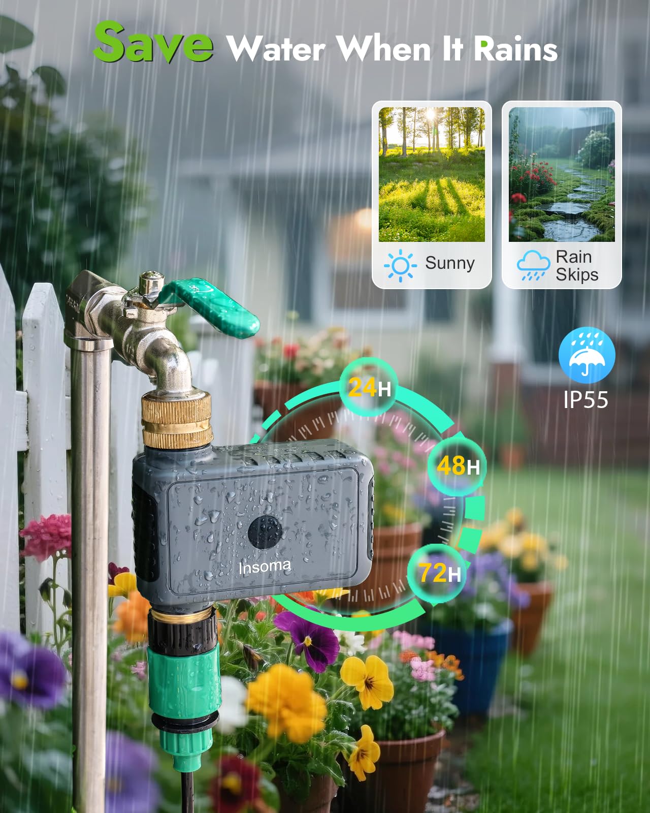 Insoma WiFi Hose Timer displaying customizable watering schedule