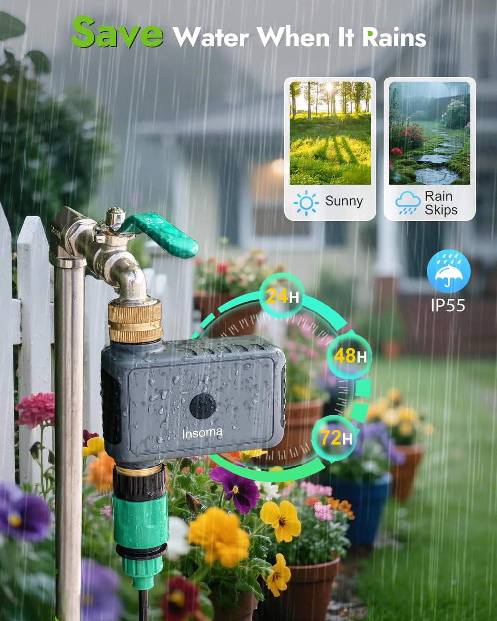 Insoma WiFi Hose Timer displaying customizable watering schedule