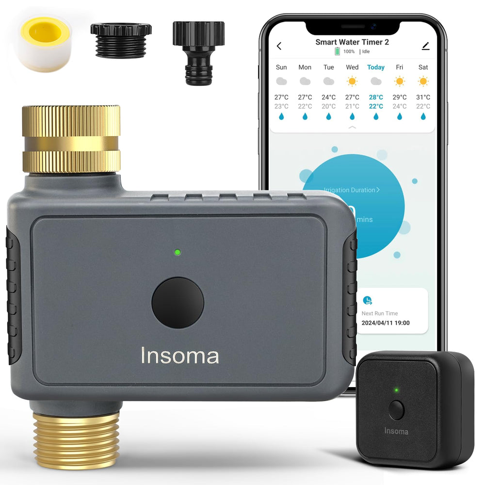 Insoma WiFi Hose Timer front view with brass fittings