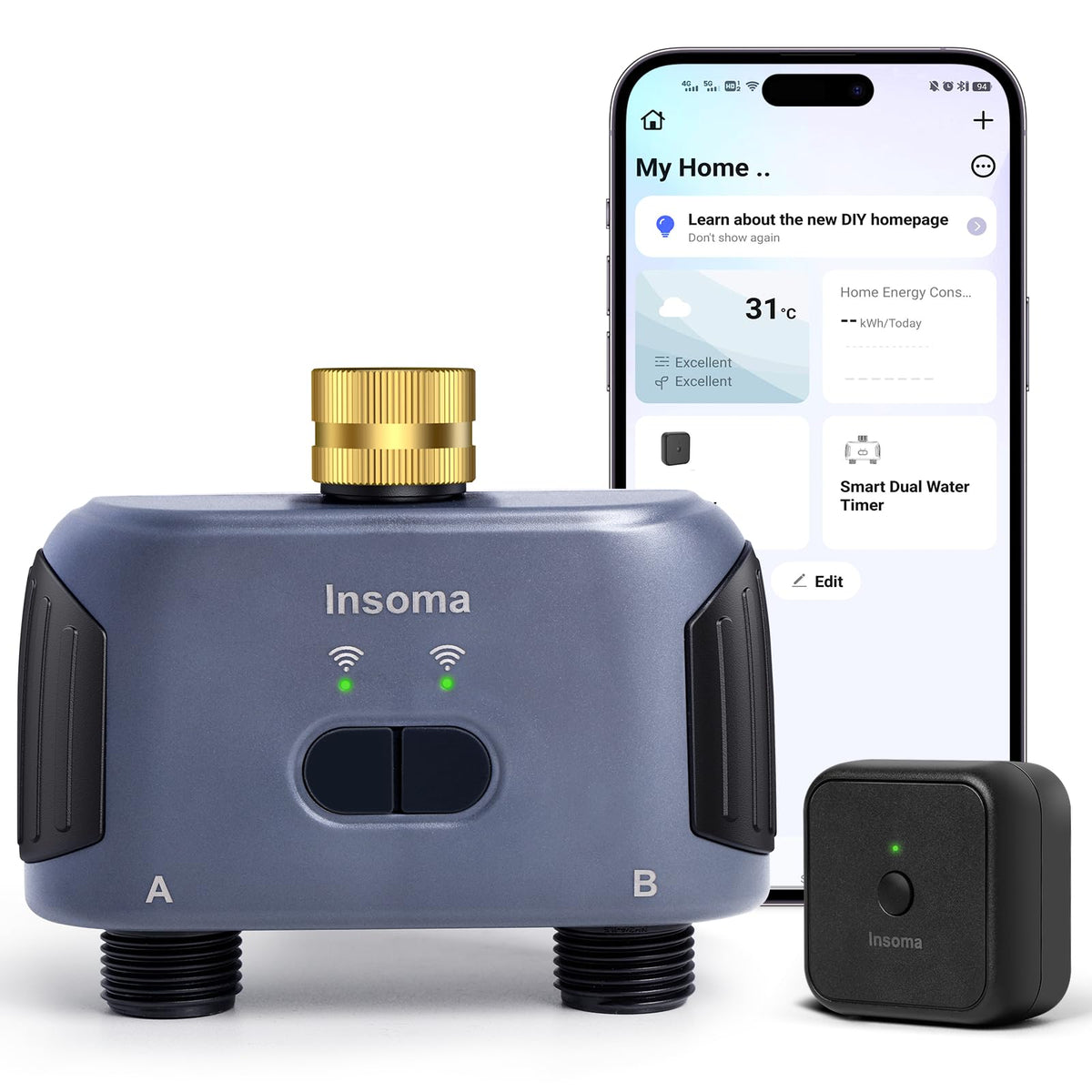 Insoma WiFi Water Timer front view with brass inlet