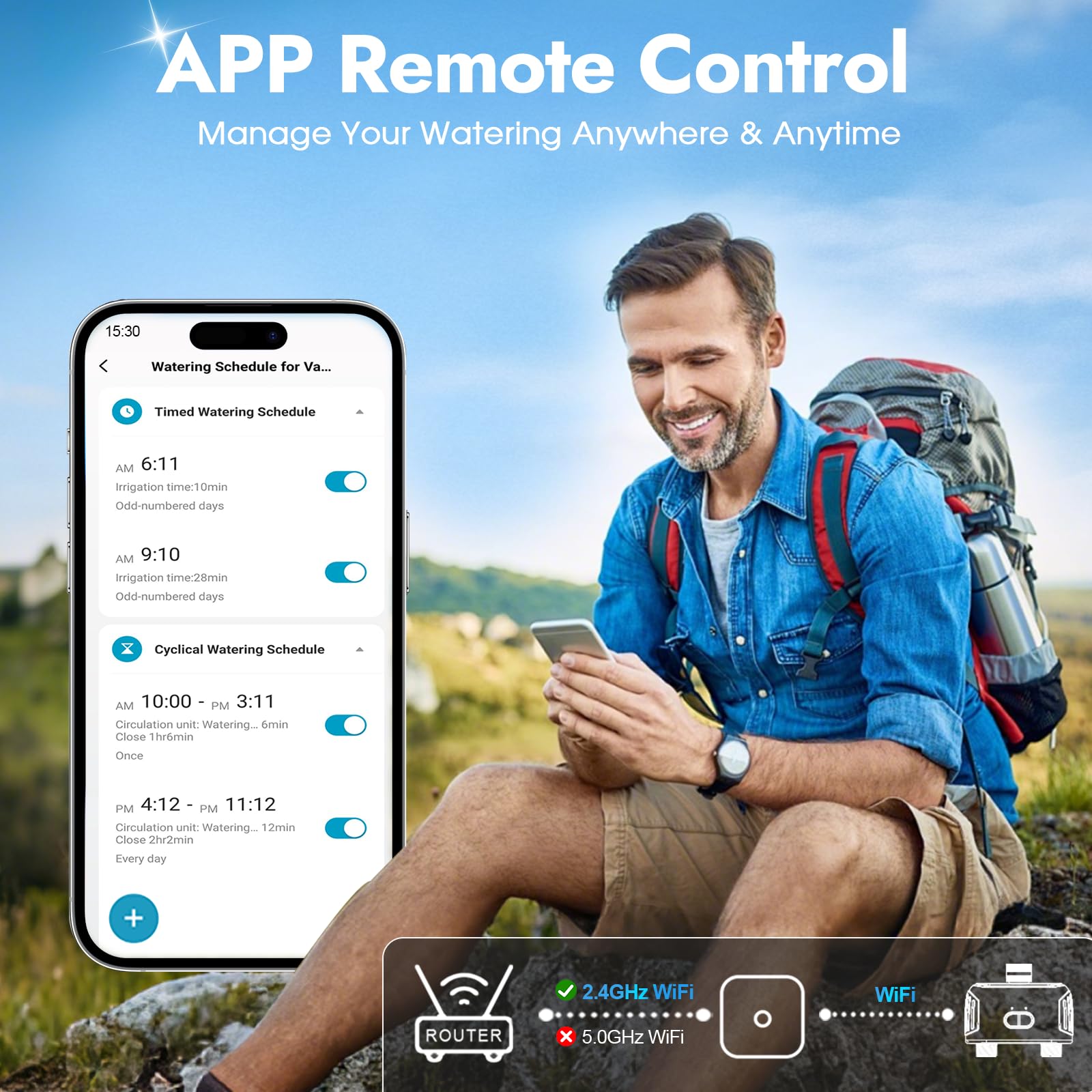 Insoma WiFi Water Timer set up in garden with two hoses