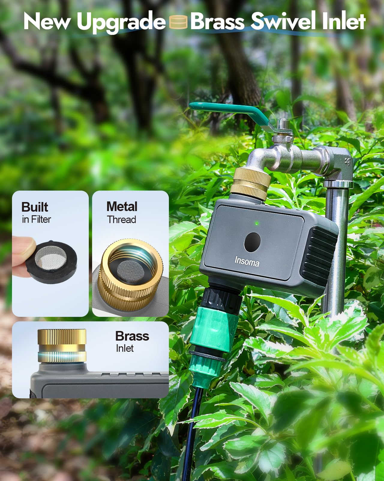 Insoma WiFi Water Timer side view showing brass inlet