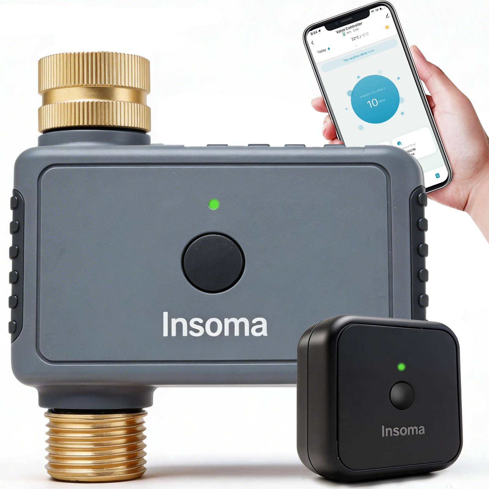 Insoma WiFi Water Timer with brass fittings and black casing