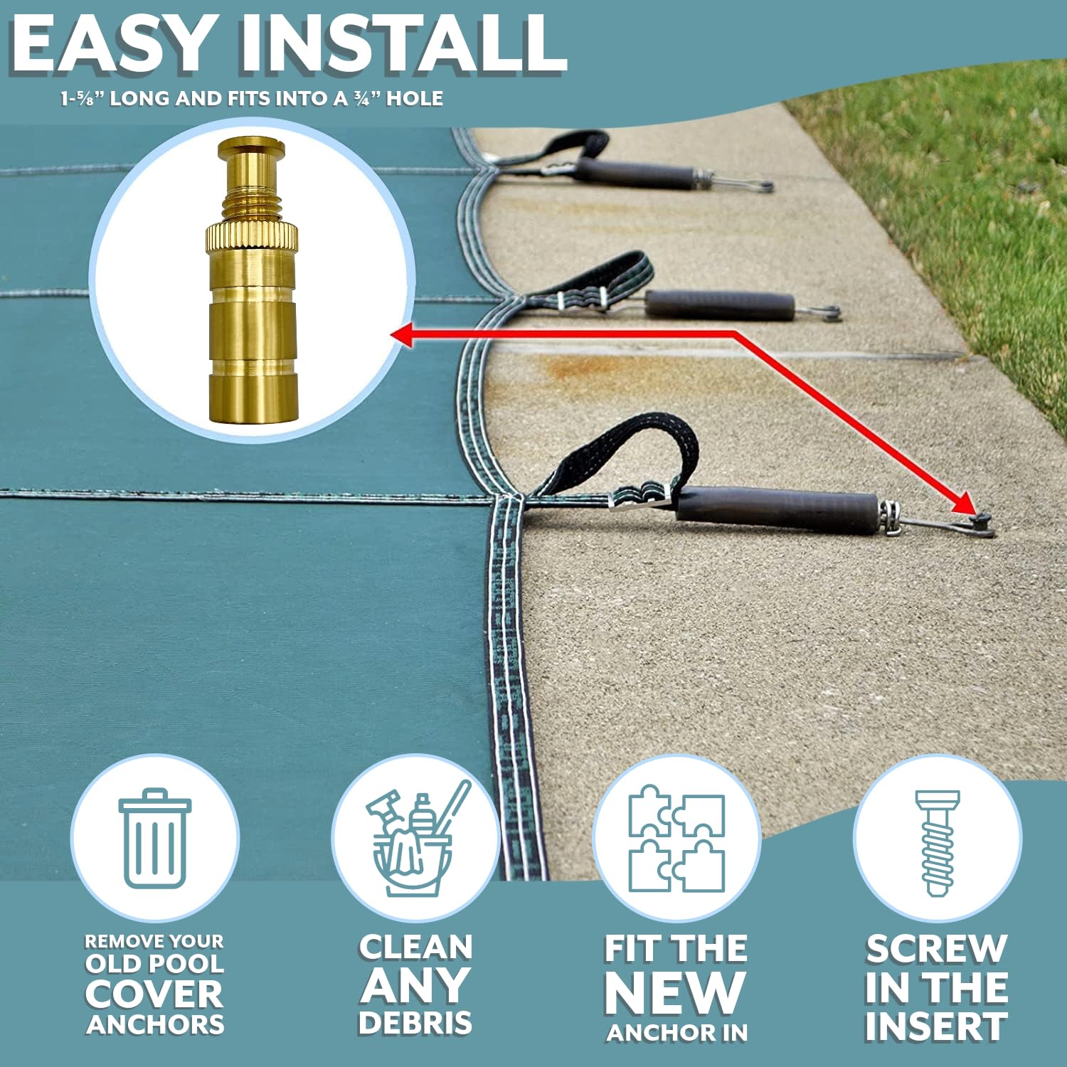 Installation example of Poolzilla pool cover anchors
