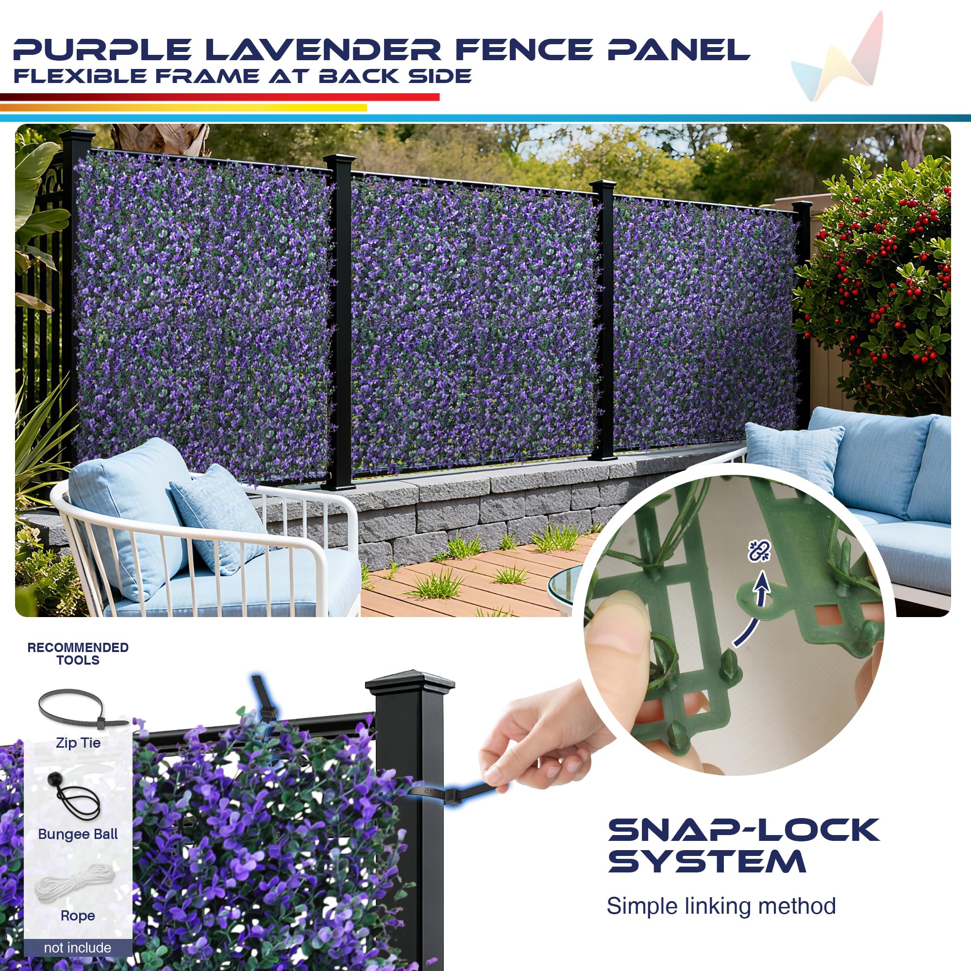 Installation example of Windscreen4less artificial boxwood panels on a fence