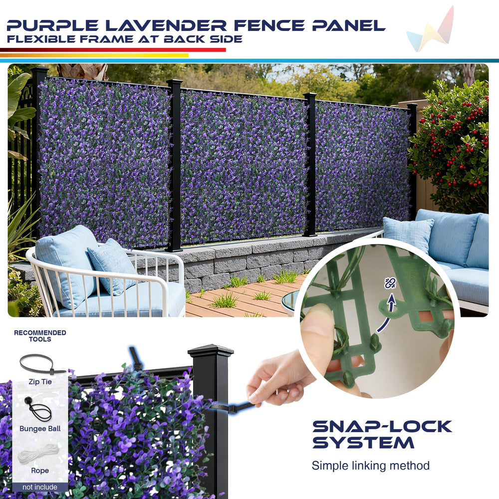 Installation example of Windscreen4less artificial boxwood panels on a fence