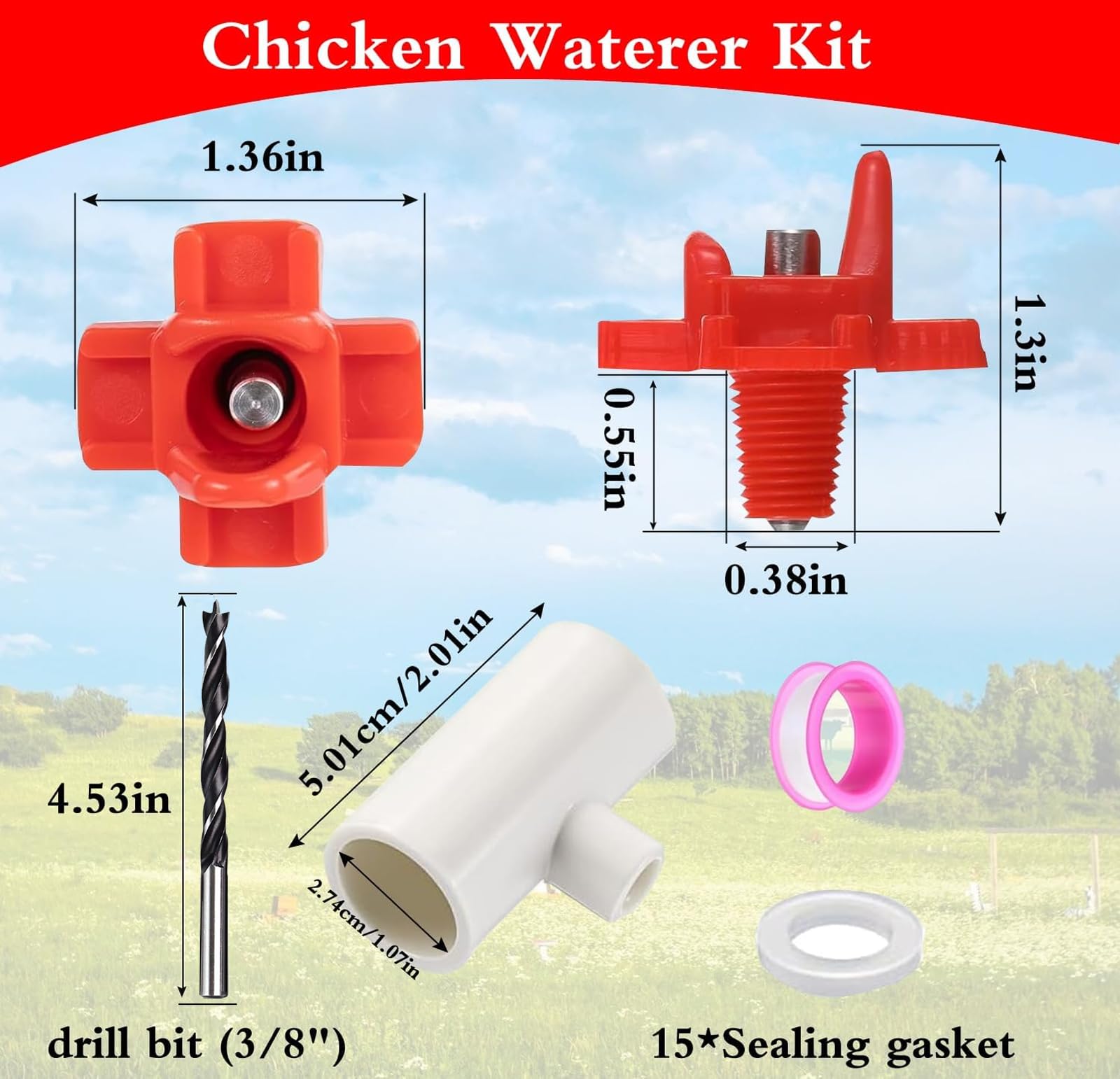 Installation of chicken nipple waterer showing red tip and fittings