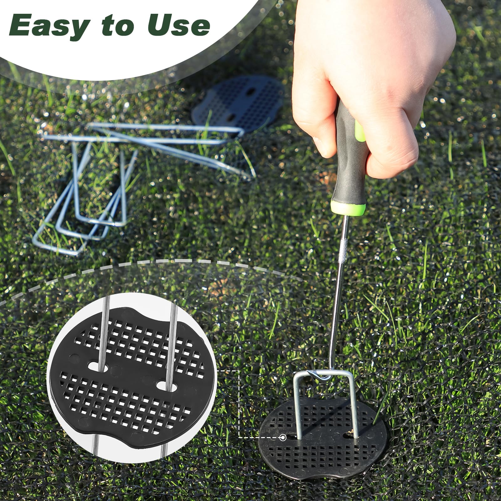 Installation of landscape staples in garden soil