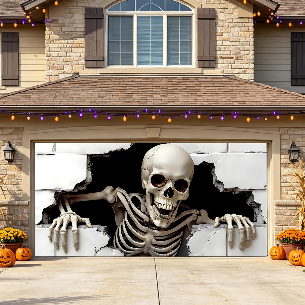 Installation of ponlodos Halloween garage door cover showing grommets and ropes
