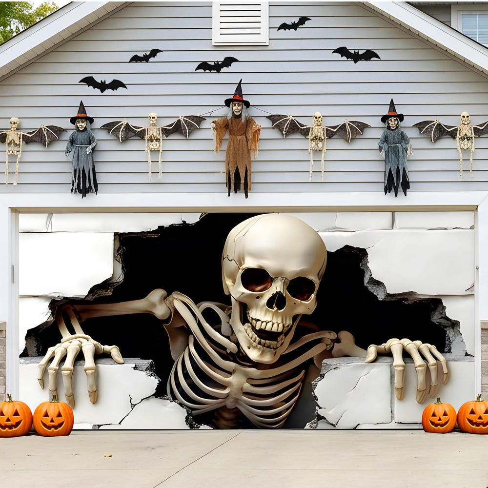 Installation setup of ponlodos Halloween garage door cover with grommets and ropes