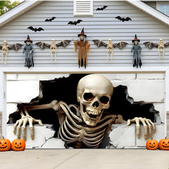 Installation setup of ponlodos Halloween garage door cover with grommets and ropes